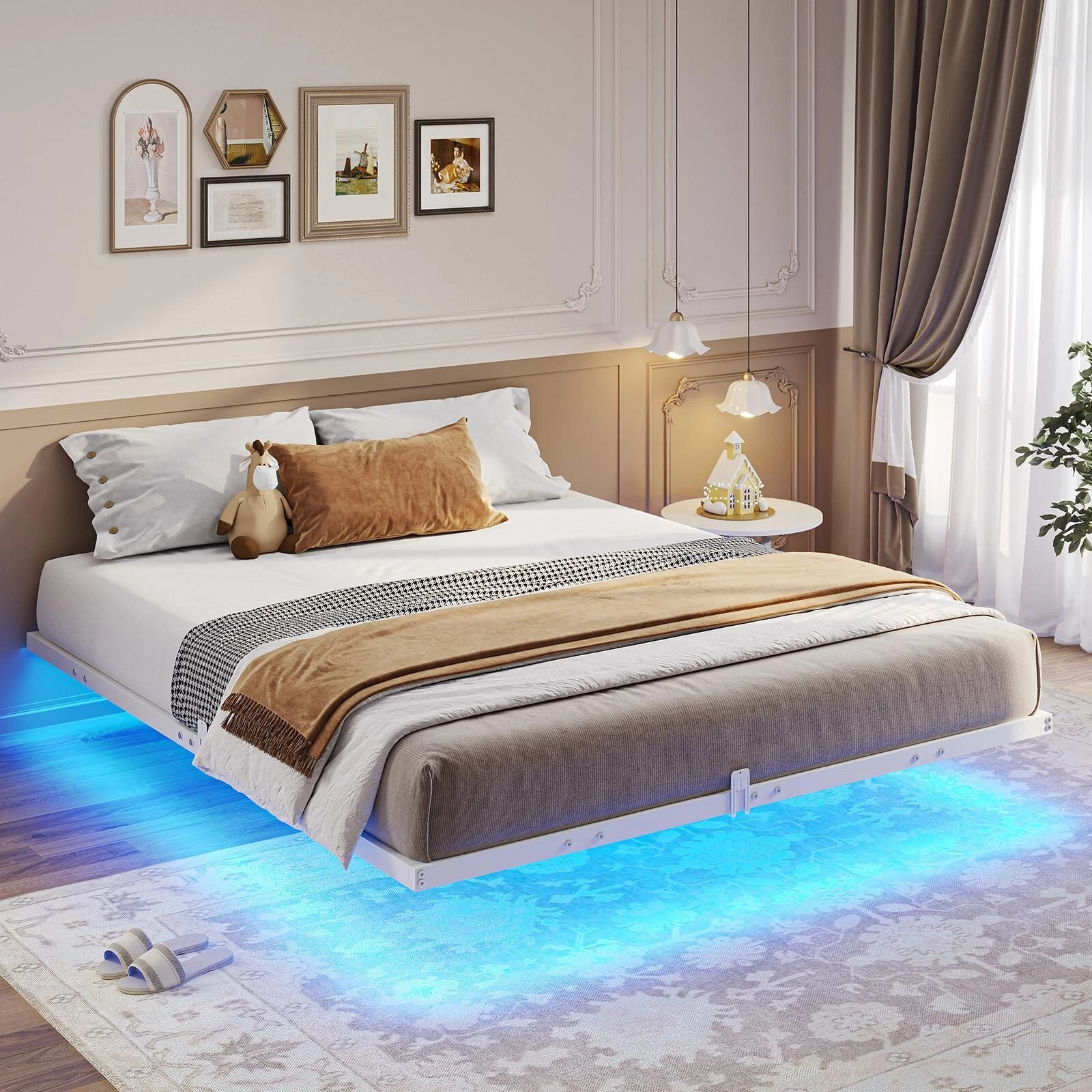 White Floating Bed Frame Full Size with LED Lights